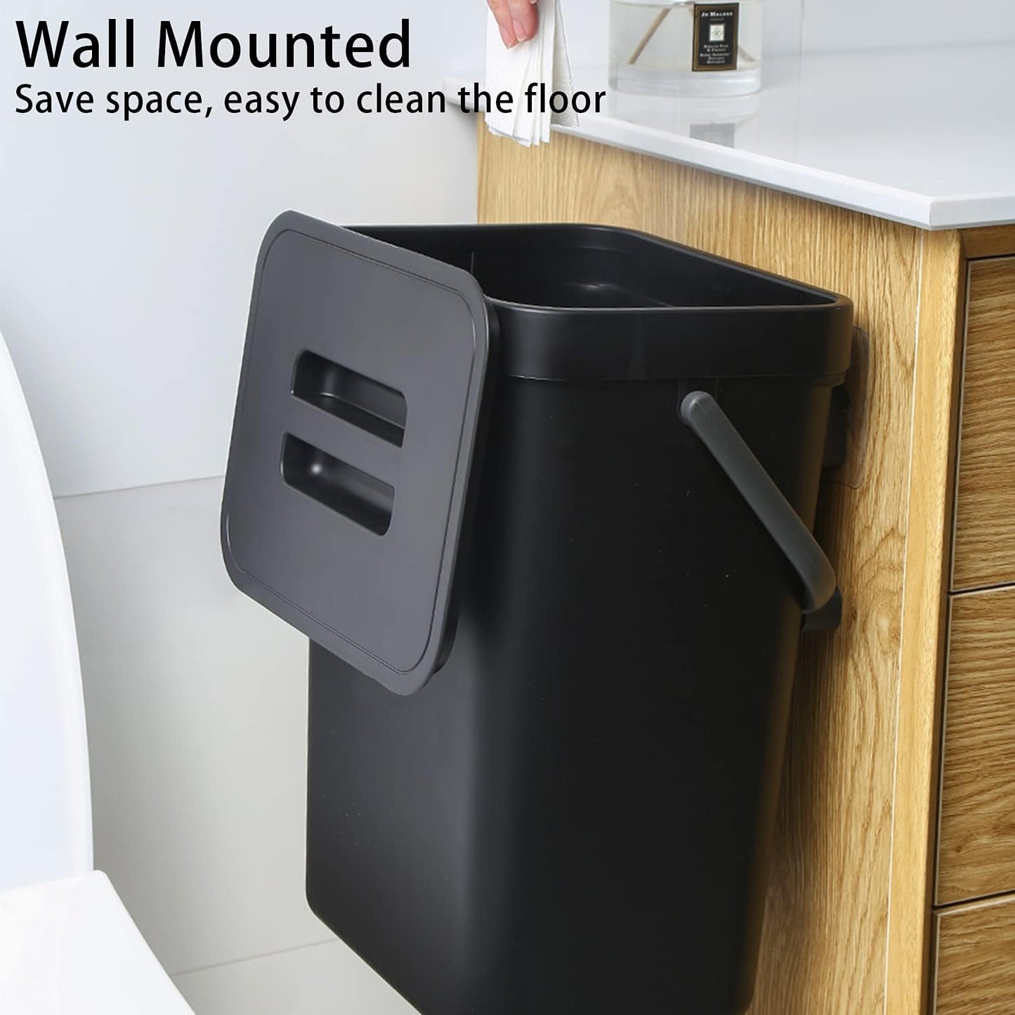 stonespace Under Sink Trash Can，Kitchen Compost Bin, Diaper Pail, 3.2 Gallon/12L Hanging Garbage Can for Baby Crib/Bathroom/Cupboard, Plastic Food Waste Bin,1 Pack Black