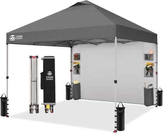 CROWN SHADES Canopy Tent 10x10 Pop Up Canopy Outdoor Shade with Pockets Sidewall, Easy Up Sun Shelter with One Person Set Up Center Lock, Portable Instant Camping Beach Canopies Tents, Grid Grey