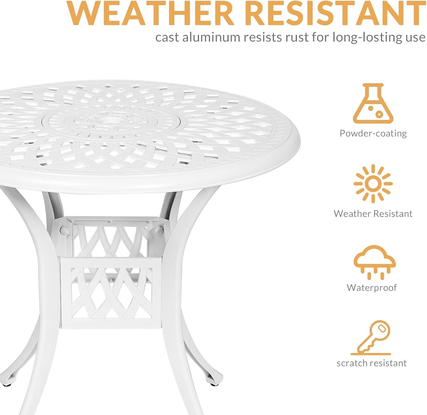 3-Piece Outdoor Patio Dining Set, All-Weather Cast Aluminum Patio Furniture Set for Backyard Garden Deck with 2 Cushioned Chairs and 31” Round Table, 2" Umbrella Hole, White