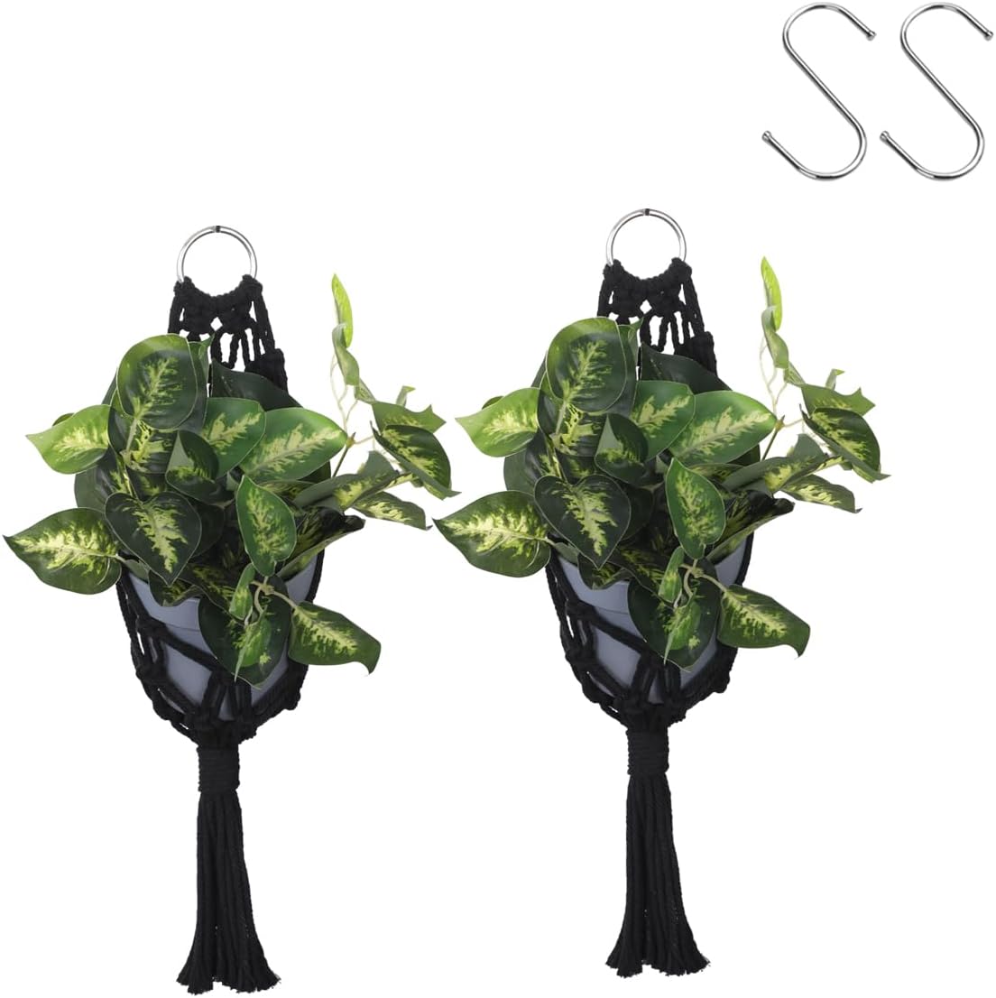 Artilady 2 Pack Black Macrame Plant Hanger Indoor - Large Hanging Planters for Wall Plants Holder Short Hademade Boho Farmhouse Rustic Home Decor