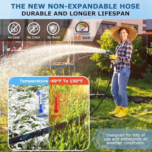 Non-Expanding Garden Hose 150 ft, Kink Free Flexible Water Hose with 10-Pattern Spray Nozzle, Lightweight Hose Pipe, Leak Proof, 3/4" Swivel Connectors, Super Fabric, Portable Storage Strap