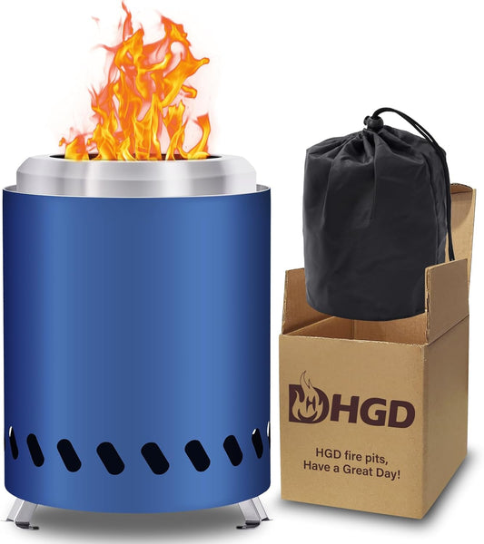 HGD 9.6 x 7.1 in Small Tabletop Fire Pit, Portable Mini Smokeless Table Top Firepit, Low Smoke Camping Stove for Outdoor & Patio, Fueled by Pellets or Wood, with Travel Bag, Stainless Steel, Blue