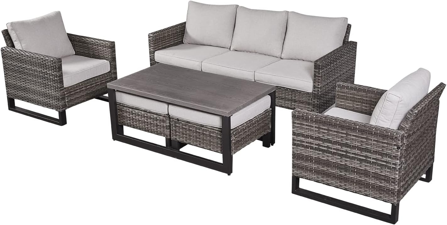 HUMMUH 6 Piece Patio Furniture All Weather Wicker Outdoor Sectional Sofa,High Back Patio Chairs,Coffee Table and Ottomans Set for Porch,Garden,Backyard