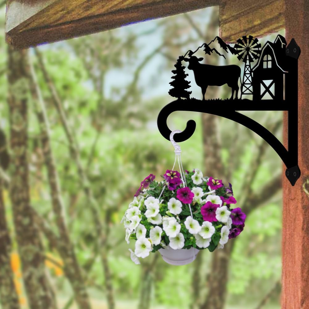 peacoblue Iron Plant Hangers Hooks for Outdoor Indoor Hanging Plants Flower Fern Pots Lantern Bird Feeder,11.8"x13.6" Weather Resistant Metal Wall Holder for Porch Garden Farmhouse(Farm Cow)