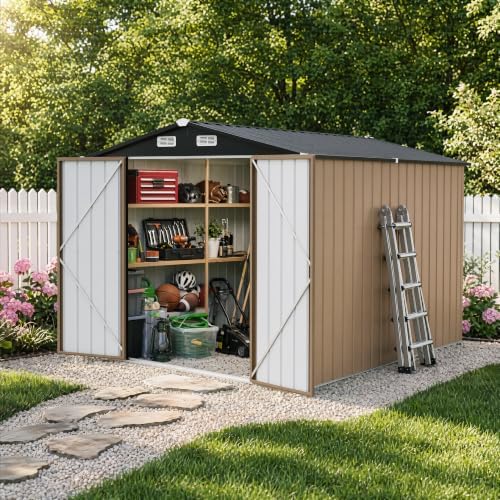 LAUSAINT HOME 8 x 10 FT Outdoor Storage Shed, Heavy Duty Galvanized Steel Storage Shed with Double Lockable Doors, Gable Roof & Air Vent for Backyard & Patio, Brown