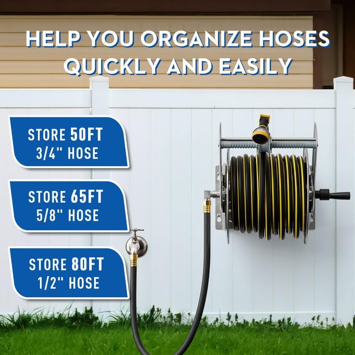 GREENER Stainless Steel Hose Reel for Outside,Wall Mount Garden Hose Holder Heavy Duty Metal Reel, 3/4" Solid Connector with 5/8" Inlet Hose and Crank,65-Feet 5/8" Hose Capacity