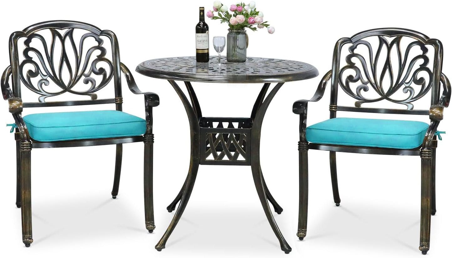 VIVIJASON 3-Piece Patio Furniture Dining Set, All-Weather Cast Aluminum Outdoor Bistro Set, Include 2 Chairs, 2 Cushions and 31" Round Table w/Umbrella Hole for Balcony, Backyard, Ocean Blue Cushion