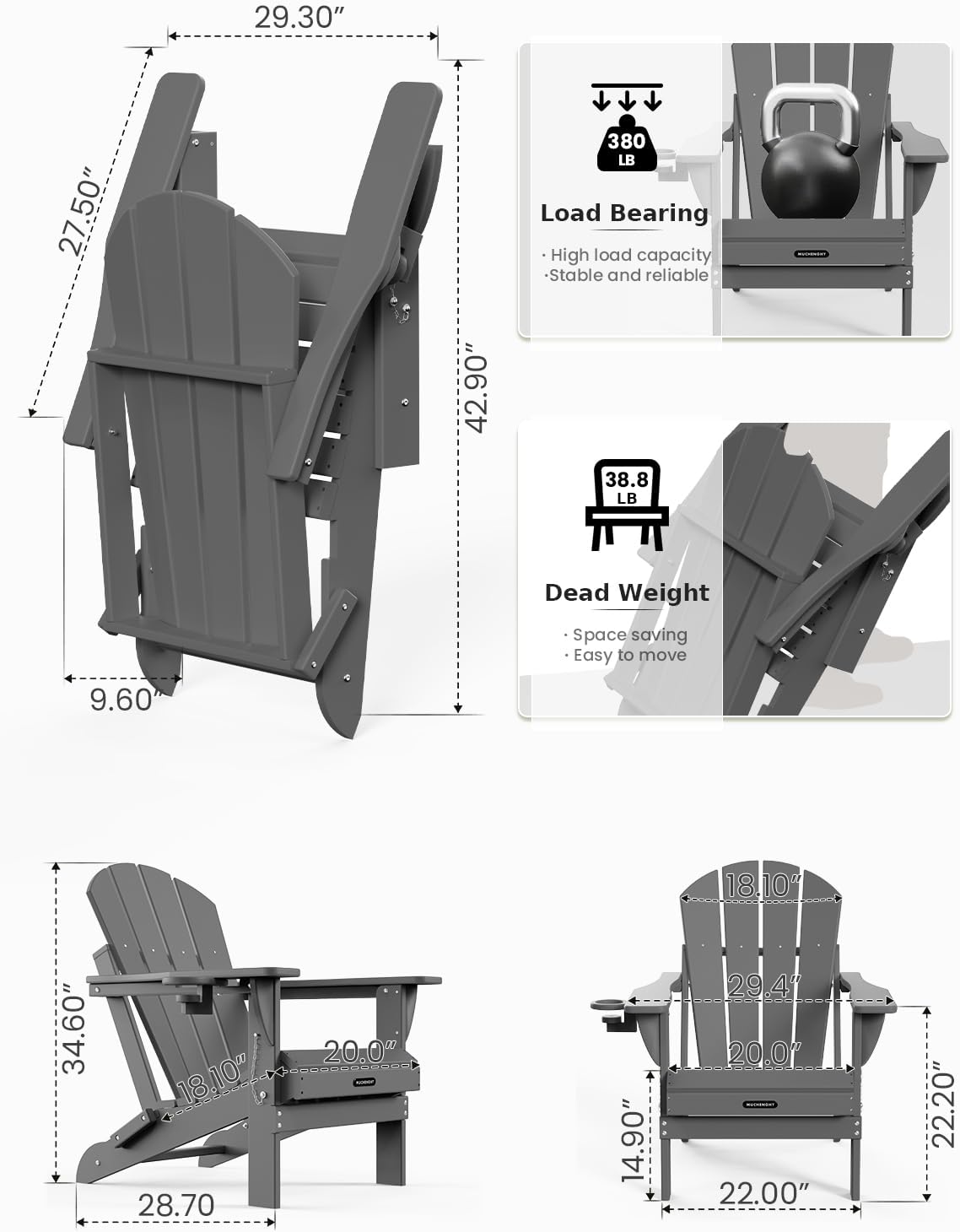 MUCHENGHY Folding Adirondack Chairs Set of 2 HDPE Weather Resistant, Patio Firepit Chairs, Sturdy Outside Chairs, Lawn Chairs, 15min Assembly 380lb Grey