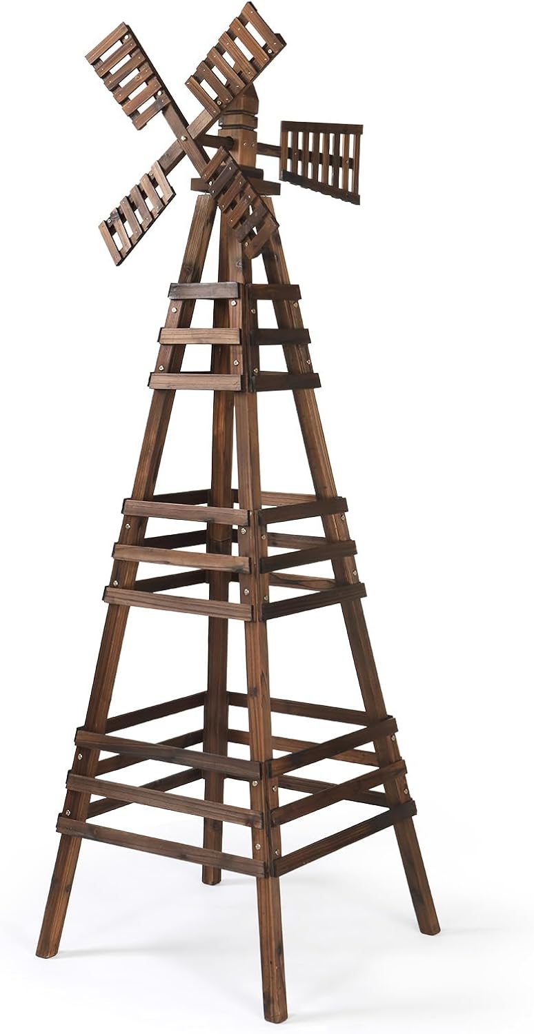 VINGLI Outdoor Yard Windmill, Wooden Wind Spinner for Garden Lawn Yard Patio Decoration (Carbonized Wood, Large)