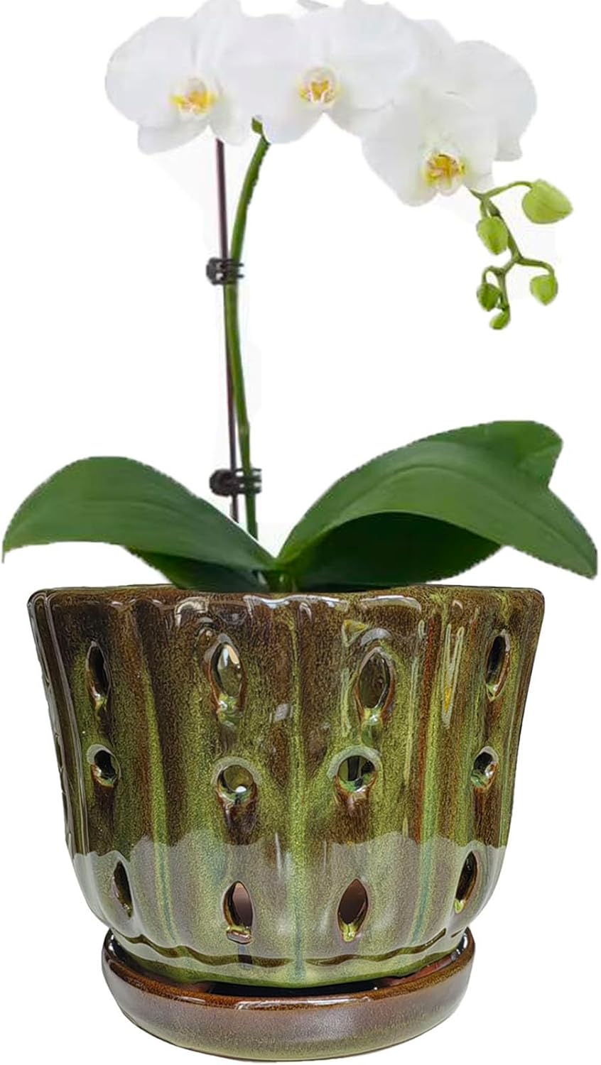 Ceramic Orchid Pots with Attached Saucer and Drainage Hole 6'' Orchid Planter (mossgreen)
