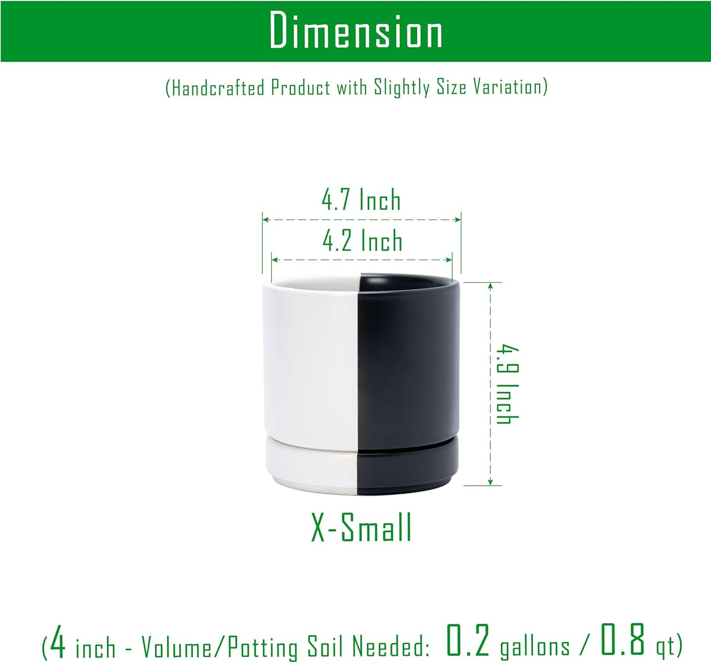 D'vine Dev 4.7 Inch Ceramic Planter Pot with Drainage Hole and Saucer, Indoor Cylinder Round Planter Pot, Split Monochrome Black & White, 94-O-B-0