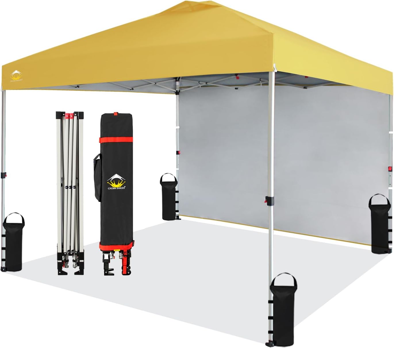 CROWN SHADES 10x10 Pop Up Canopy with 1 Side Wall - Beach Tent with One Push Setup - Outdoor Sun Shade for Events, Parties, Camping - Gazebo with STO-N-Go Cover Bag (Yellow)