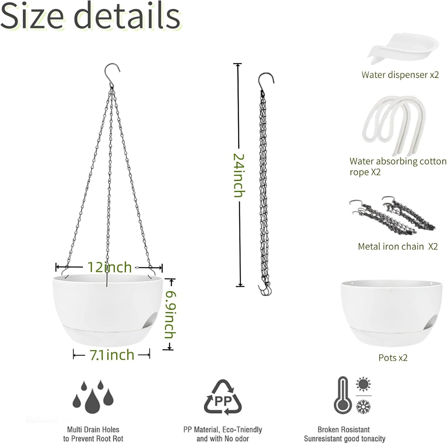 2 Pack Hanging Planters for Indoor Outdoor Plants, 12Inch Self Watering Hanging Pot with Drainage Holes and Saucer, Plastic Plant Pots, White Flower Pots for Kitchen, Balcony, Garden