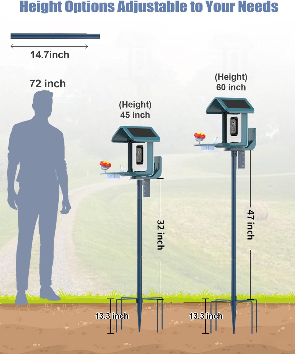 Bird Feeder Pole Stand – 60 Inch Height Feeding Station with 1-Inch Dia Heavy Duty for Hanging Feeders, Bird House Pole Mount Kit for Outdoor, Slip-Fit Connection，Blue
