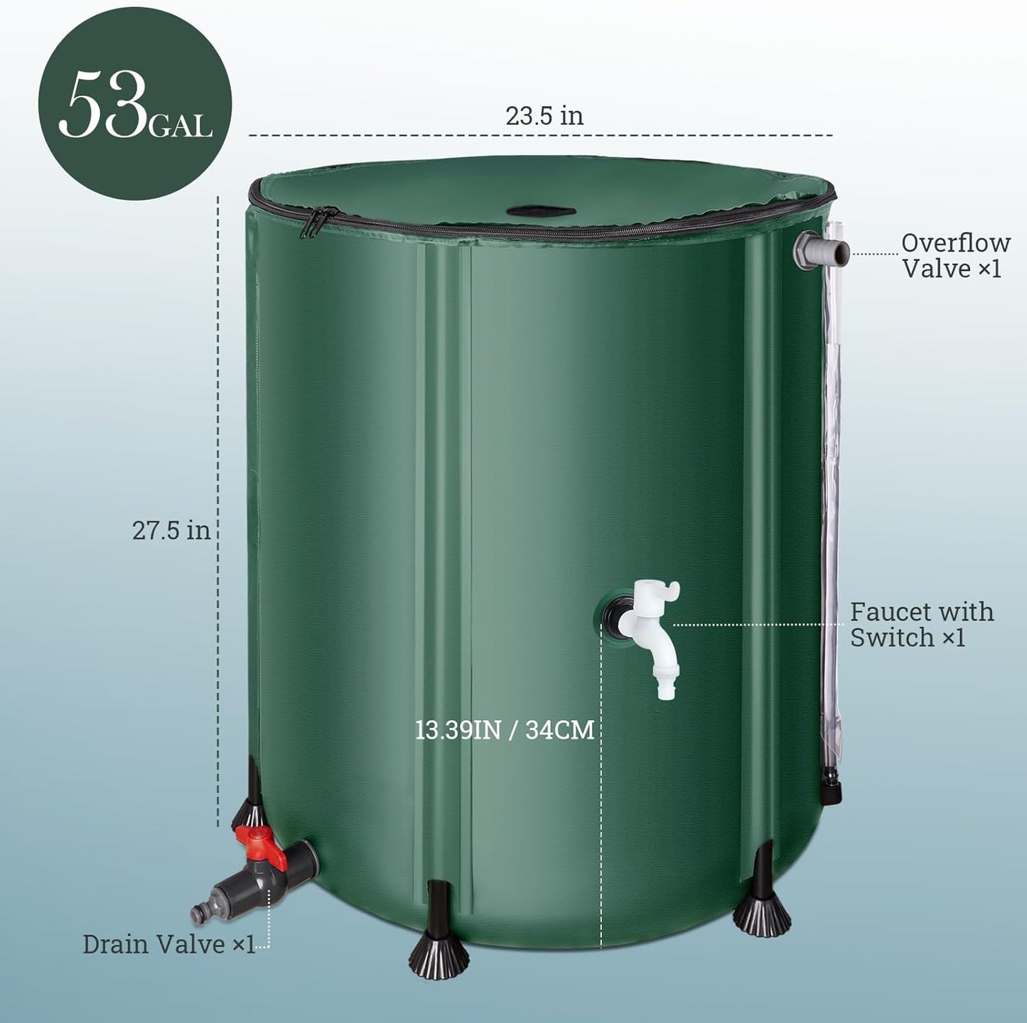 53 Gallon Collapsible Rain Barrel for Garden/Outside/Lawn, Portable Rainwater Collection System, Rain Barrel to Collect Rainwater from Gutter, Water Storage Tank with Two Spigots & Overflow Kit, Green