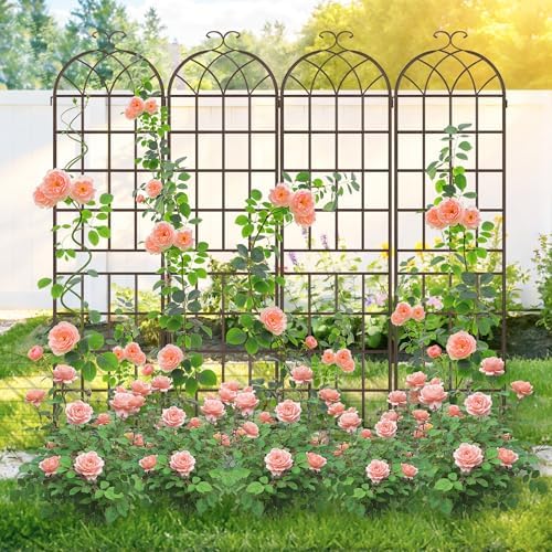 82.7 x 80in Rustic Iron Arch Decoration Garden Trellis with Brown Metal Coating – Perfect for Supporting Climbing Plants Outdoor, Roses, Vines, Flowers, and Vegetables.