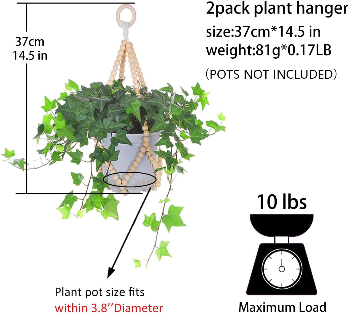Artilady 2 Pack Beaded Plant Hanger Indoor - Macrame Hanging Planters for Plants Holder No Tassels with Wooden Beads Boho Farmhouse Rustic Home Decor