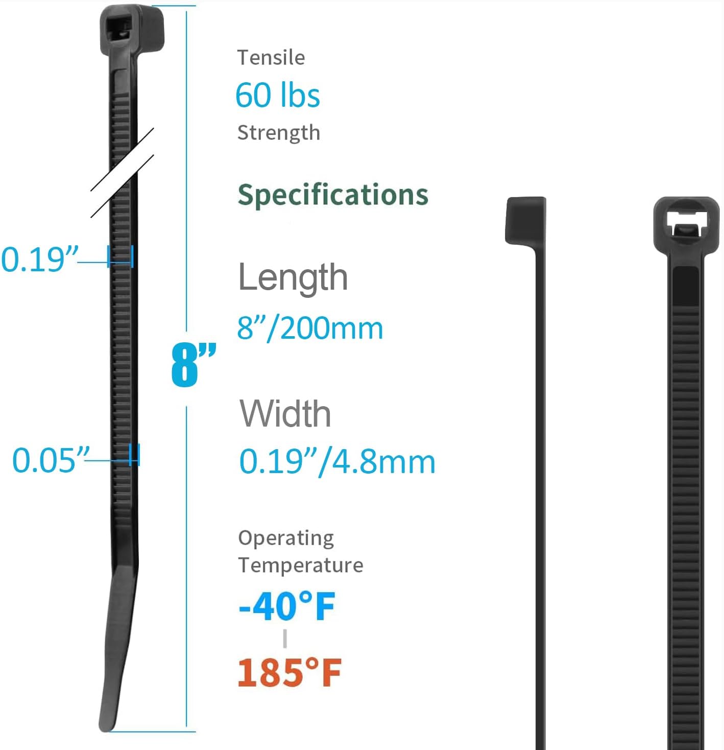 XINGO 1000 PCS Black Zip Ties 8 Inch, 60 LBS Tensile Strength, Self-Locking Nylon Plastic Nylon PA66 Wire Ties for Indoor and Outdoor Use