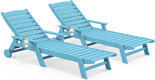 SERWALL Patio Chaise Lounge Chair Set of 2, 78'' Long 5-Positions Adjustable HDPE Outdoor Lounge Chair for Pool, Poly Lounge Chair with Rolling Wheels & Cup Holder for Poolside, Deck, Light Blue