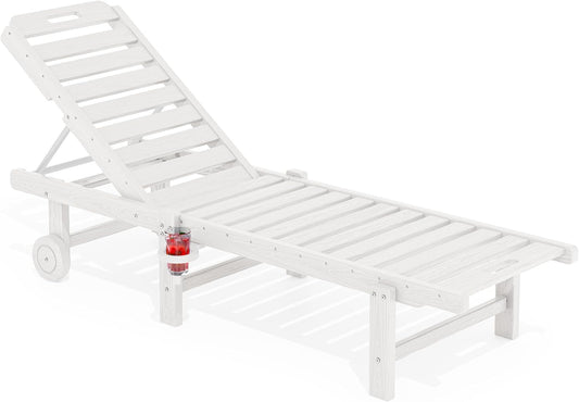 SERWALL Patio Chaise Lounge, 78" Length Outdoor Lounge Chair with 5 Positions Adjustable Backrest, HDPE Lounge Chair with Rolling Wheels & Cup Holder for Poolside, Beach, Garden, White