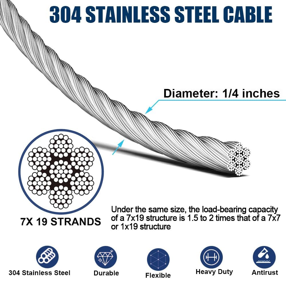 1/4" Wire Rope Kit, 50ft Stainless Steel Cable with 4Pcs 1/4 Turnbuckle, Clamp & Thimble, 7x19 Strands Heavy Duty Metal Cable,1400 lbs Load Limit, Turnbuckles for Cables Wire, Zipline