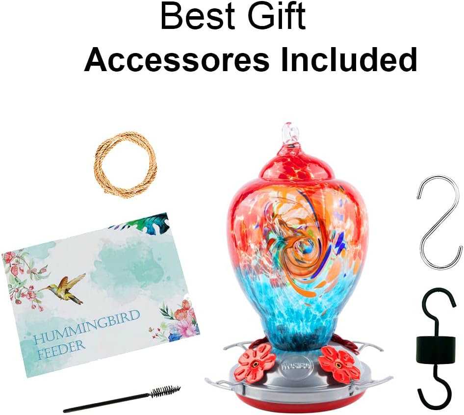 WOSIBO Hummingbird Feeder for Outdoors Patio Large 32 Ounces Colorful Hand Blown Glass Hummingbird Feeder with Ant Moat Hanging Hook, Rope, Brush and Service Card (Red-Blue)
