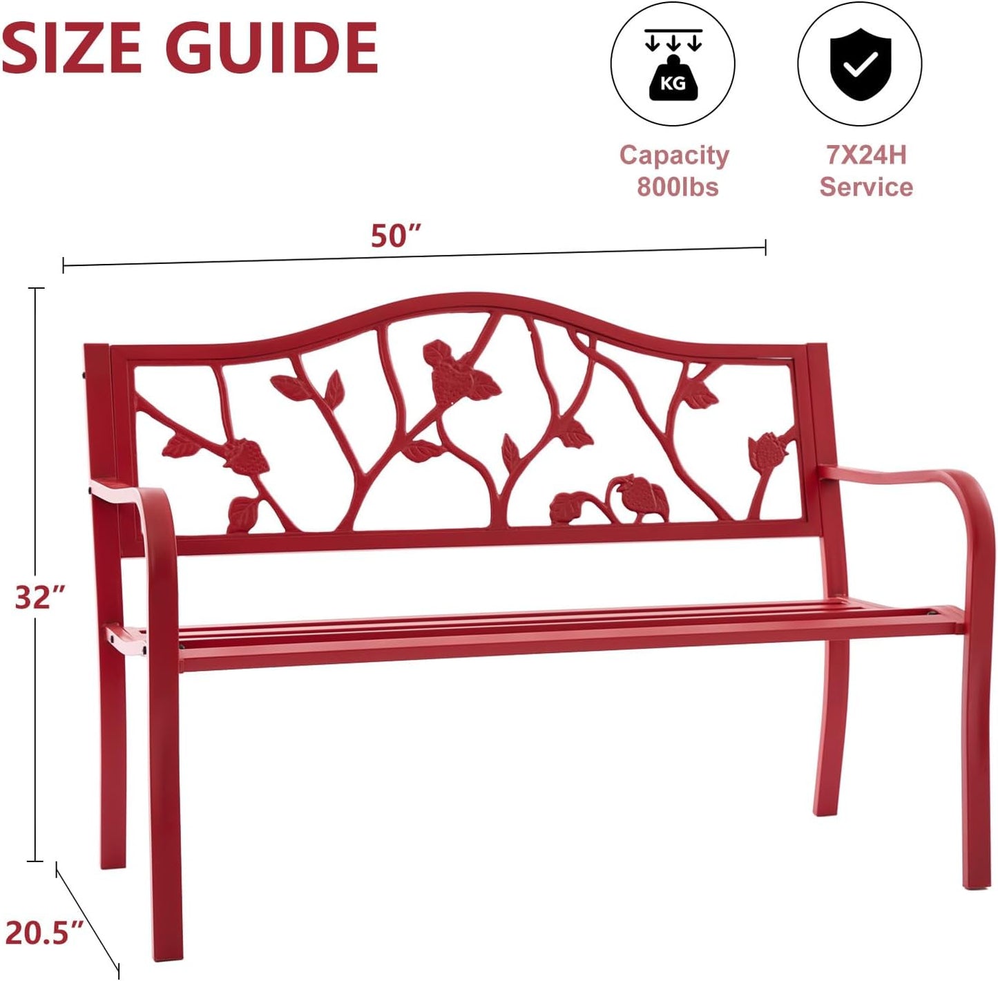 50” Strawberry Outdoor Garden Bench, Weatherproof Sturdy Cast Iron Metal Frame Patio Park Bench for Porch Yard Lawn Deck Park (Red Strawberry Style)