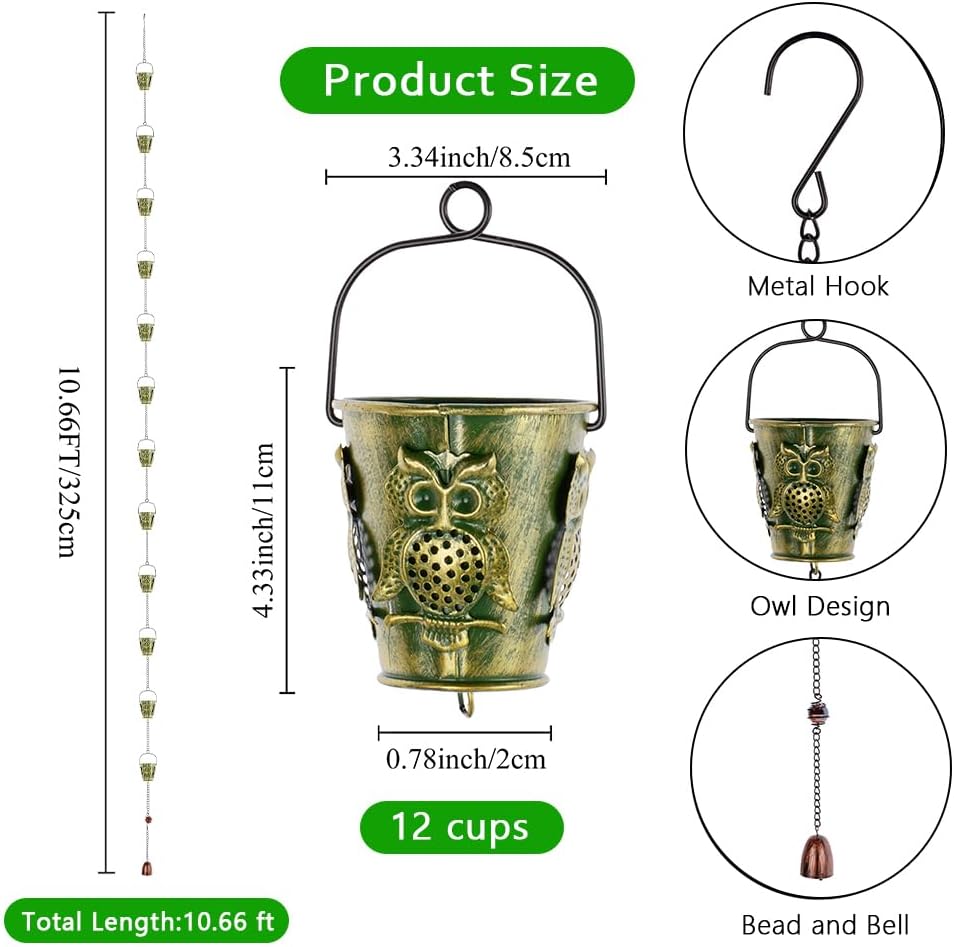 10Ft Rain Chains for Gutters, Metal Rain Catcher Chain for Eaves Drainage, 12 Cups Rain Gutter Chains with Owl Decor, Adjustable Rain Water Chain for Outdoor Decor