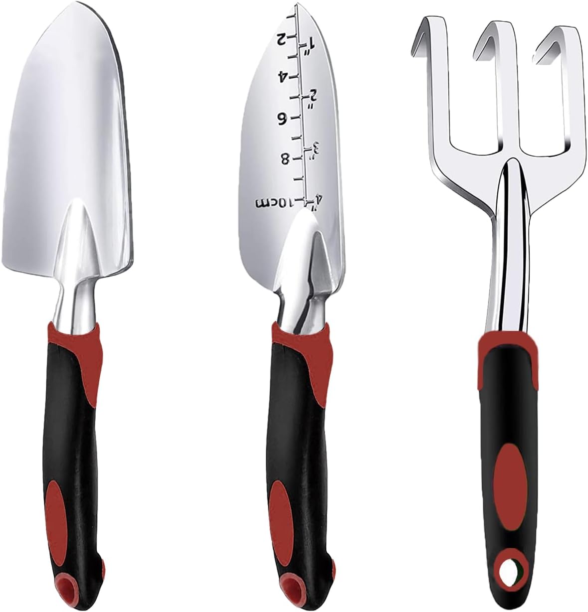 Garden Tool Set, 3 Piece Gardening Tools Includes Garden Trowel, Transplant Trowel and Hand Rake with Non-Slip Ergonomic Handle, Heavy Duty Garden Kit for Planting, Garden Gifts Red