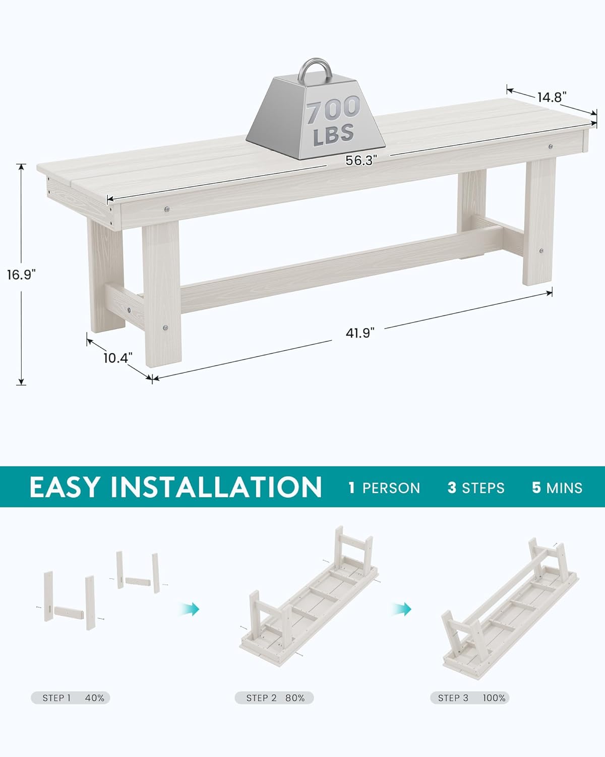SERWALL 2-Person Outdoor Bench Backless, HDPE Outdoor Benches Weatherproof, 700 Lbs Weight Capacity, Poly Lumber Patio Furniture for Garden, Porch and Park, White, 2 Pack