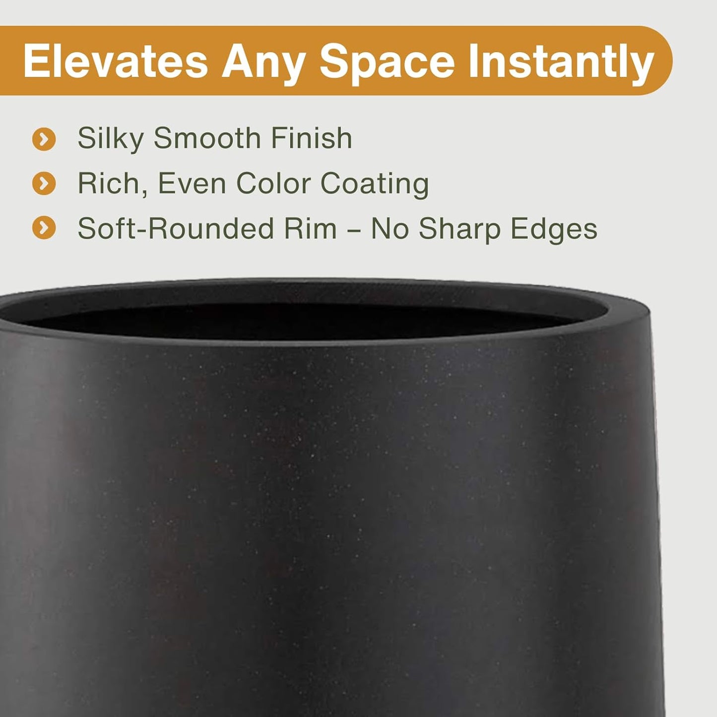 15.3" H x 15" D Conico Fiberstone Round Planter with Drainage Hole, Smooth Finishes, Weather Resistant for Indoor and Outdoor Use, Included 2 Extra Coco Mats (Black, 11.7" Pot Opening)