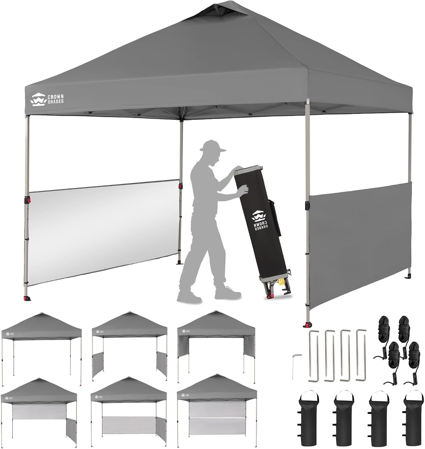 CROWN SHADES 10x10 Pop up Canopy Tent Instant Canopy with 150D Silver Coated Fabric Including 2 Half Sidewalls, 4 Ropes, 8 Stakes, 4 Weight Bags, STO 'N Go Bag, Grey