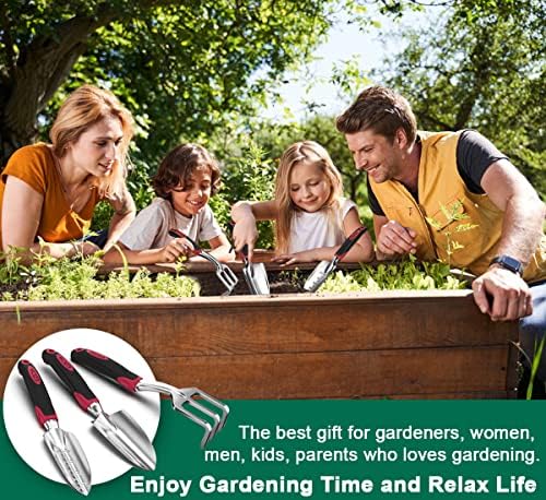 Garden Tool Set 3 Pc, Cast-Aluminum Heavy Duty - Trowel, Rake, Red