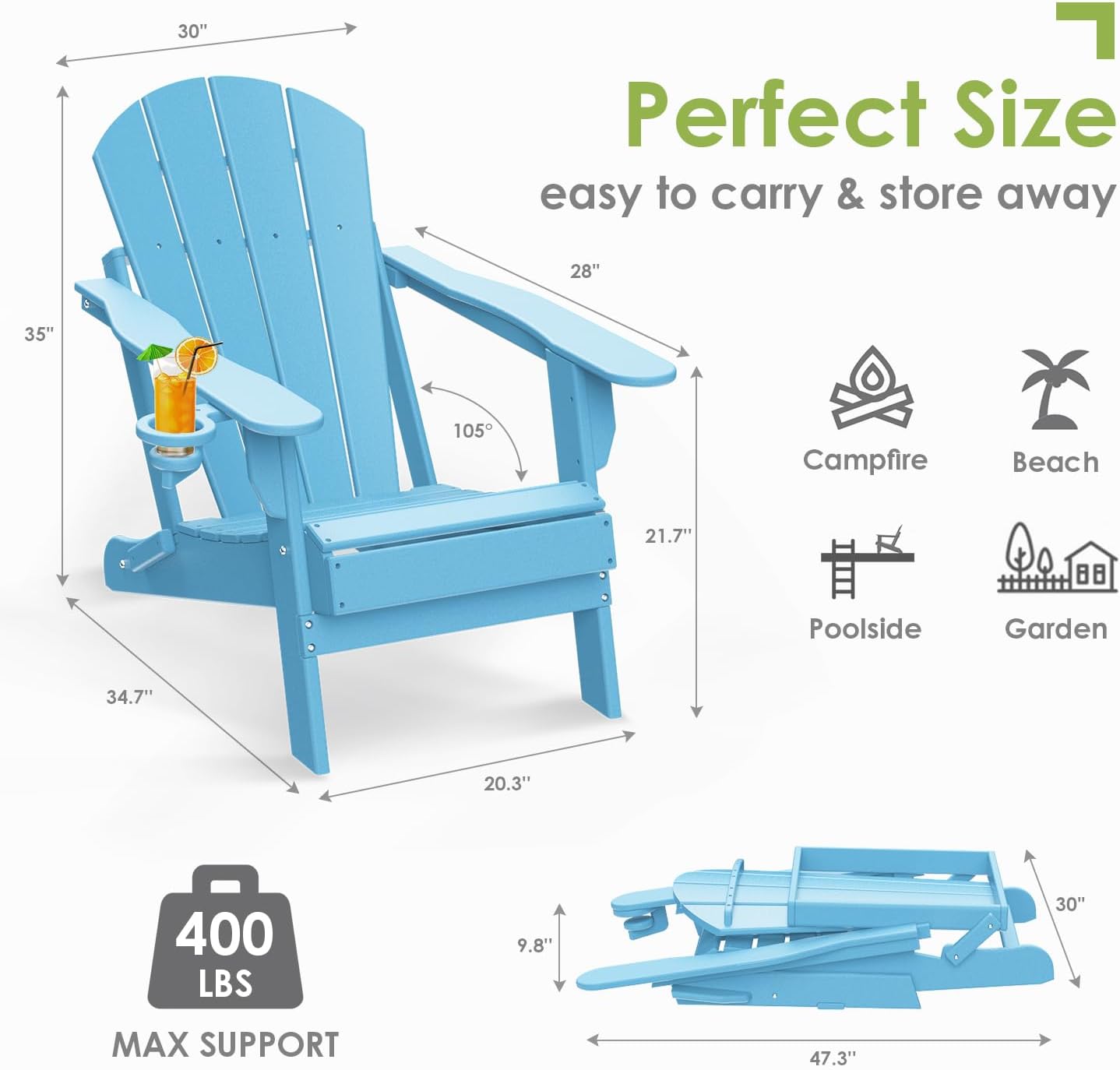 GREENVINES Folding-Adirondack-Chair | HDPE Plastic | Fire Pit Chairs | All Weather | Cup Holder | Arctic | for Deck Backyard Patio Outdoor Garden