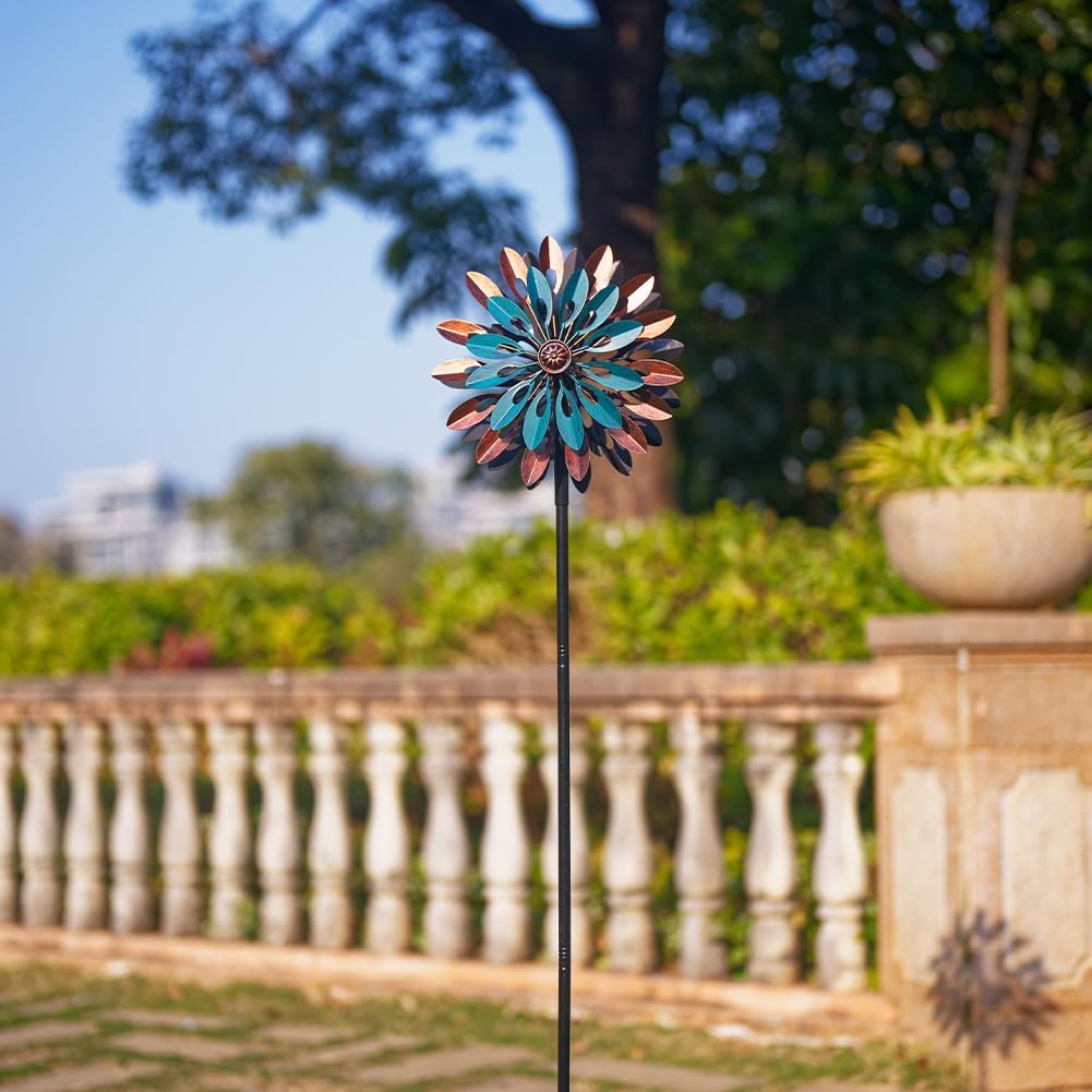 VEWOGARDEN 360° Outdoor Metal Wind Spinners Kinetic Wind Sculptures & Spinners for Yard Garden Lawn Patio Decorations, Blue & Bronze