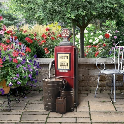 Peaktop Teamson Home Vintage Gas Station Statue 3 Tiered Floor Waterfall Fountain with Pump for Outdoor Patio Garden Backyard Decking, 42 Inch Height, Dark Red