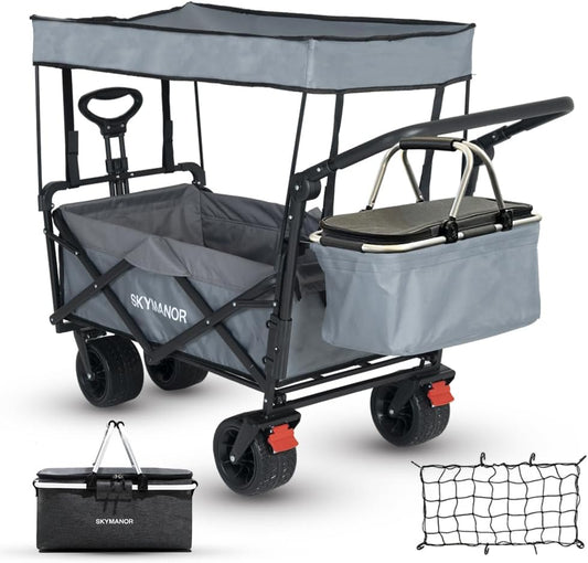 SKYMANOR Collapsible Wagon with Removable Canopy, 3-in-1 Heavy Duty Garden Cart with Big All-Terrain Wheels, Brakes, Adjustable Push Pull Handle, Cooler Bag, 300LBS Wagon Cart for Camping (Grey)