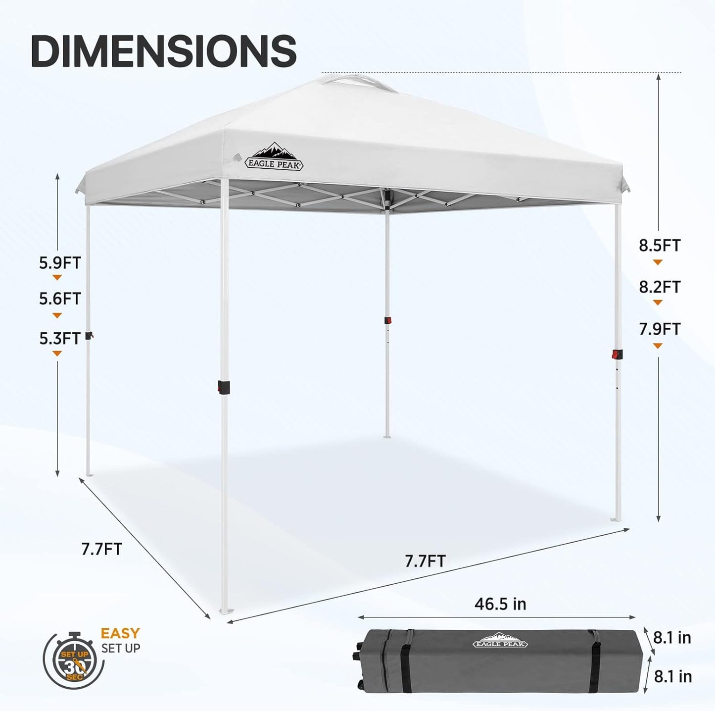EAGLE PEAK Pop Up Canopy Tent with Wheeled Carry Bag, 8 Stakes, 4 Ropes, Easy Set Up Tent Canopy, 8x8 ft White