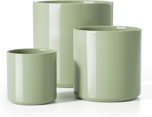LE TAUCI Ceramic Plant Pots Indoor, 10+8+6 Inch Planters for Indoor Plants, Mid-Century Modern Pots with Drainage Hole and Plug, Cylinder Round Planters, Set of 3, Sage Green