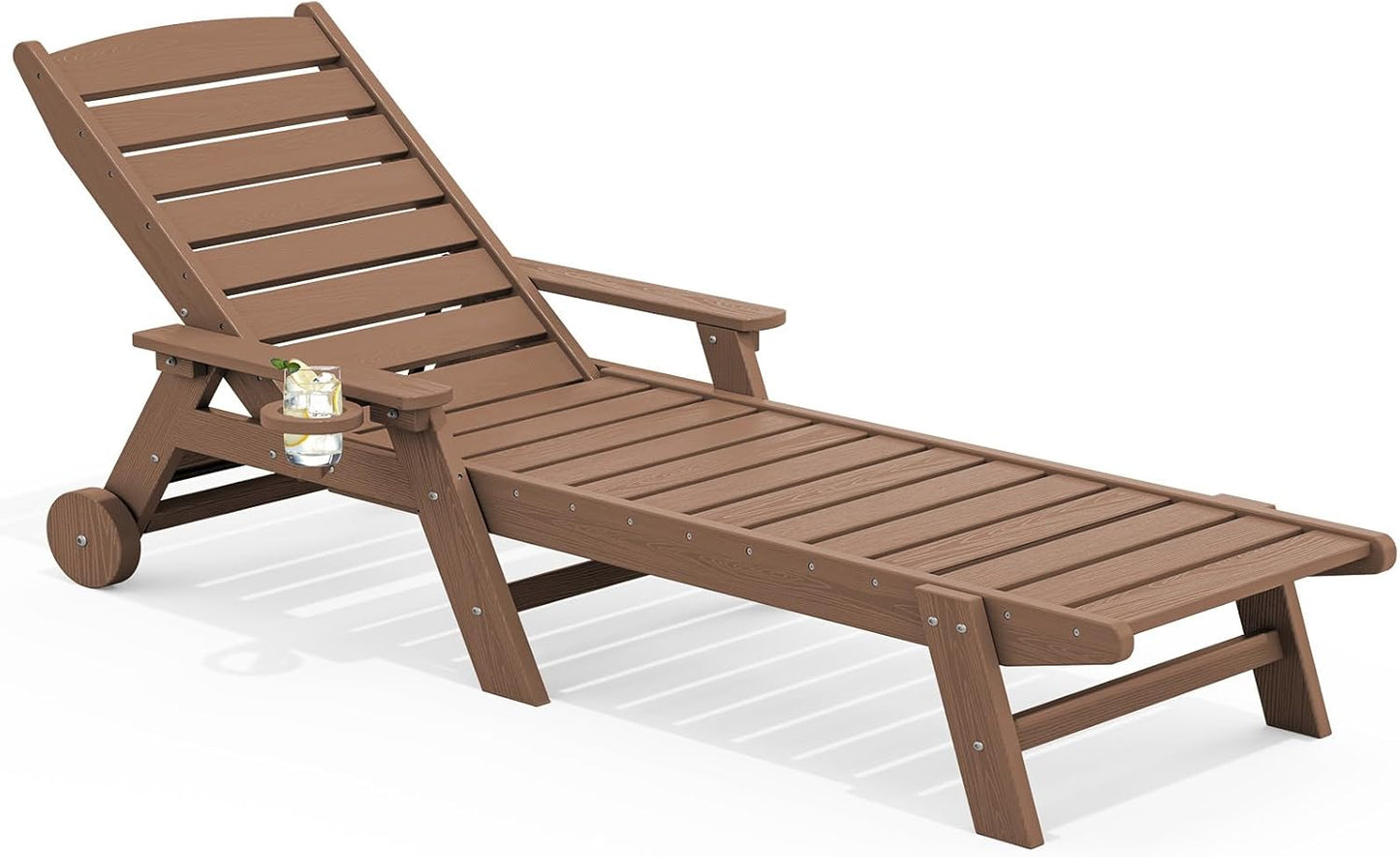 SERWALL Patio Chaise Lounge Chair, 78'' Long HDPE 5 Positions Adjustable Poly Lounge Chair with Rolling Wheels & Cup Holder for Pool, Brown