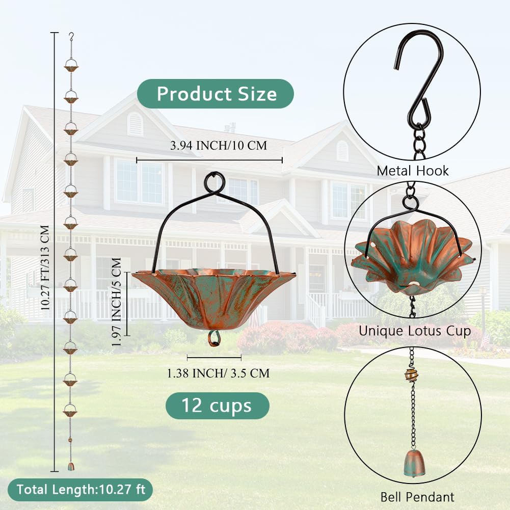 10 FT Lotus Rain Chain, Rain Chains for Gutters with 12 Bronze Cups, Adjustable Rain Catcher Chain with Bell for Eaves Drainage, Replacement for Downspout