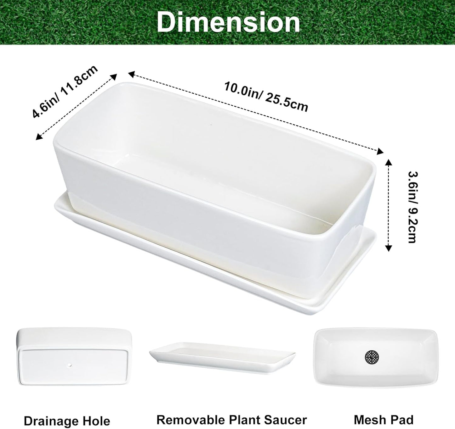 SQOWL Rectangular Planter - 10 Inch Ceramic Pots for Plants with Drainage Hole and Saucer, Succulent Pots for Indoor Outdoor, Cactus Herb Flower Planter, Home Decor, Gifts for Plant Lovers, White