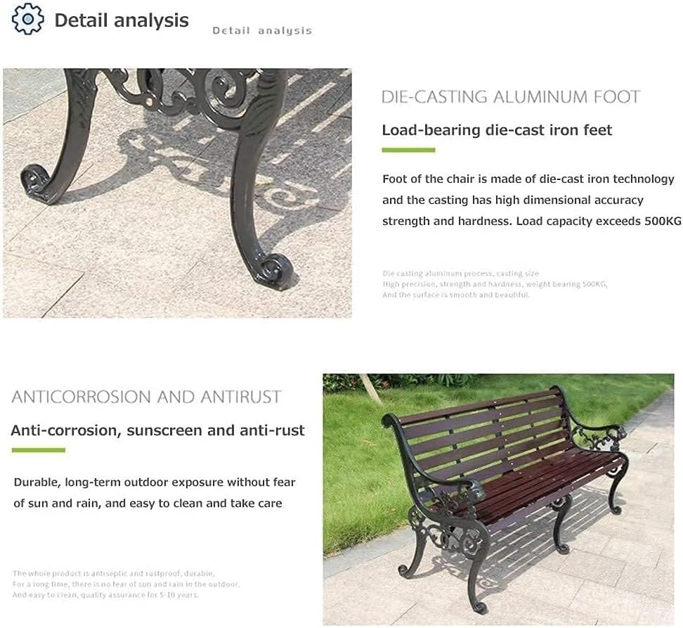 Outdoor Bench, Porch Bench, Garden Park Bench, Cast Aluminum Preservative Wood Bench with Backrest and Armrests for 2-3 People Porch/Deck/Patio Furniture(Brown+Black Legs,150CM)