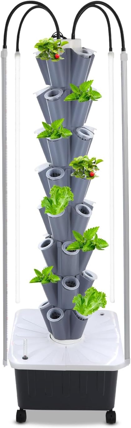 Hydroponics Growing System with LED Grow Lights, 40-Plants Indoor Vertical Hydroponic Tower, Vertical Garden Planter with Wheels, Hydroponic Germination Kit for Fruits, Vegetables, Herbs