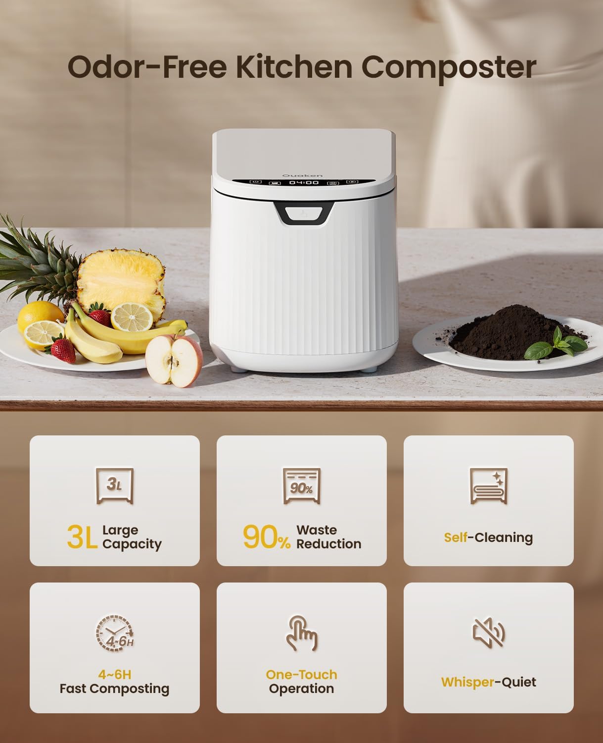 Electric Composter for Kitchen,Ouaken 3L Indoor Kitchen Waste Compost Machine Countertop Smart Composting Bin,Compact Food Recycler for Home with Low Noise,Odorless,Auto-Clean,LED Display