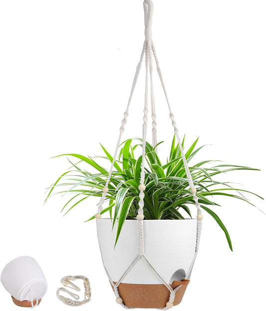 41.5 Inch Macrame Plant Hanger Indoor Outdoor with 12 Inch Flower Pot, Hanging Planter for Plants Holder with Wood Beads for Boho Home Decor (Ivory+White)