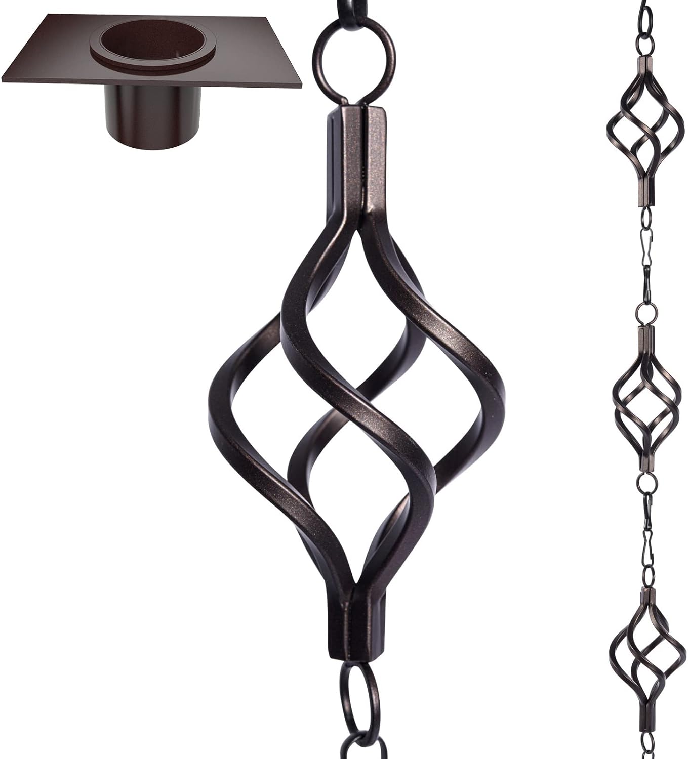 Rain Chain Bird Cage Set 8.5Ft, Not Rust Wrought Iron Rain Chains for Gutters with Adapter Gotta Drain and Sturdy Anchoring Stake,13 Cups, 1 Hook, Adjustable Length for Garden Decorative (Coffee)