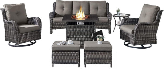 Outdoor Patio Furniture Set with 50000BTU Propane Fire Pit Table, 7 Pieces Wicker Patio Conversation Set with 2 Swivel Glider Rocker Chair Rattan Sofa Grey Cushion Perfect for Casual Gathering