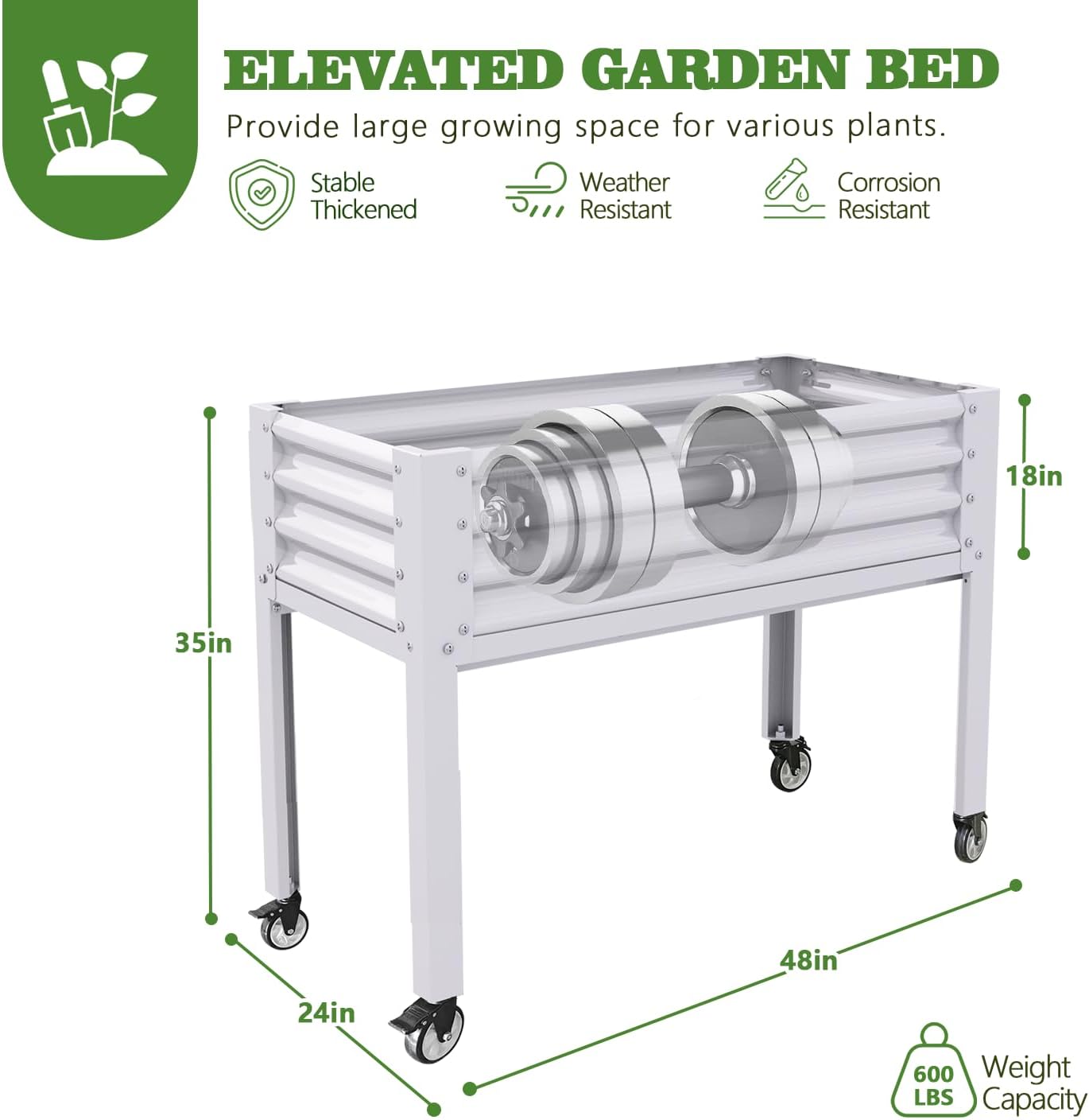 A ANLEOLIFE 4-Set Galvanized Raised Garden Bed with Legs,48x24x35in Large Elevated Planter Box on Wheels with Drainage Holes for Backyard, Balcony, Patio, 600lb Capacity, Antique White