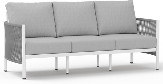 Aluminum Outdoor Patio Couch, 3 Seats HDPE Rope Patio Sofa with Washable Thick Cushion, All-Weather Patio Furniture for Balcony, Yard, White Frame, White